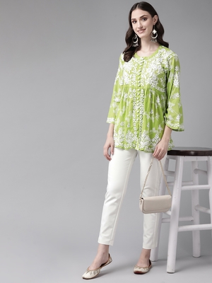 Hand Embroidered Green Cotton Lucknowi Chikankari Indian Women Short Kurti 5