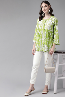 Hand Embroidered Green Cotton Lucknowi Chikankari Indian Women Short Kurti