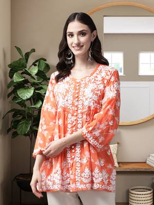 Hand Embroidered Orange Cotton Lucknowi Chikankari Indian Women Short Kurti 1