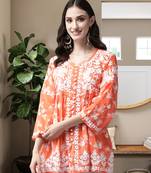 Hand Embroidered Orange Cotton Lucknowi Chikankari Indian Women Short Kurti