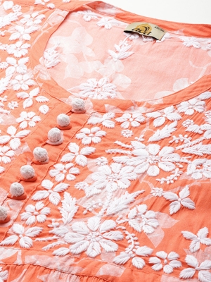 Hand Embroidered Orange Cotton Lucknowi Chikankari Indian Women Short Kurti 2