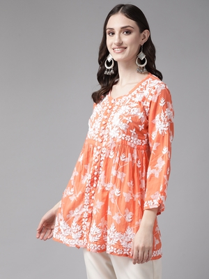 Hand Embroidered Orange Cotton Lucknowi Chikankari Indian Women Short Kurti 3