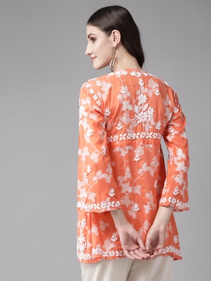 Hand Embroidered Orange Cotton Lucknowi Chikankari Indian Women Short Kurti 4