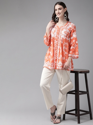 Hand Embroidered Orange Cotton Lucknowi Chikankari Indian Women Short Kurti 5