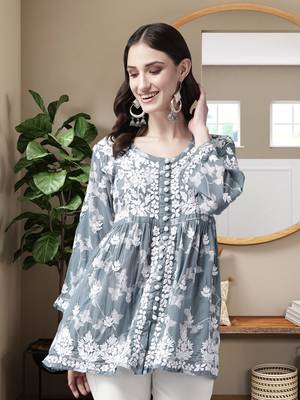 Hand Embroidered Grey Cotton Lucknowi Chikankari Indian Women Short Kurti 1