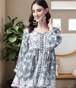 Hand Embroidered Grey Cotton Lucknowi Chikankari Indian Women Short Kurti