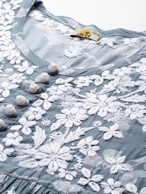 Hand Embroidered Grey Cotton Lucknowi Chikankari Indian Women Short Kurti 2