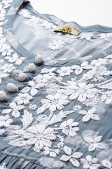 Hand Embroidered Grey Cotton Lucknowi Chikankari Indian Women Short Kurti