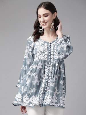 Hand Embroidered Grey Cotton Lucknowi Chikankari Indian Women Short Kurti 3