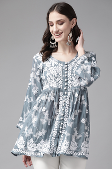 Hand Embroidered Grey Cotton Lucknowi Chikankari Indian Women Short Kurti