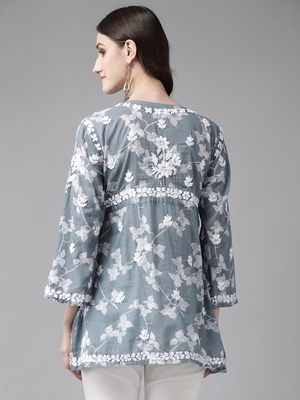 Hand Embroidered Grey Cotton Lucknowi Chikankari Indian Women Short Kurti 4