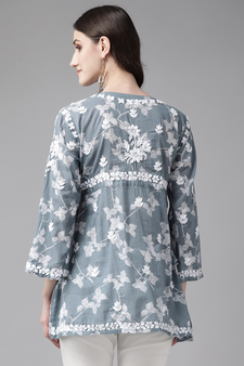 Hand Embroidered Grey Cotton Lucknowi Chikankari Indian Women Short Kurti