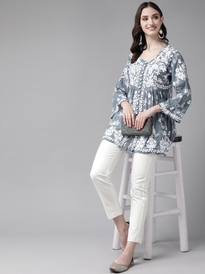 Hand Embroidered Grey Cotton Lucknowi Chikankari Indian Women Short Kurti 5