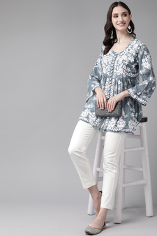 Hand Embroidered Grey Cotton Lucknowi Chikankari Indian Women Short Kurti