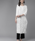 Ada Hand Embroidered White Pure Cotton Lucknowi Chikankari Indian Women Straight Kurta - A411470