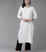 Hand Embroidered White Cotton Lucknowi Chikankari Indian Women Straight Kurta