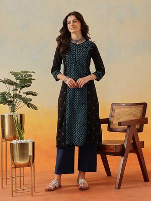 Hand Embroidered Black & Turquise Blue Cotton Lucknowi Chikankari Women Straight Kurta 1