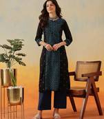 Hand Embroidered Black & Turquise Blue Cotton Lucknowi Chikankari Women Straight Kurta