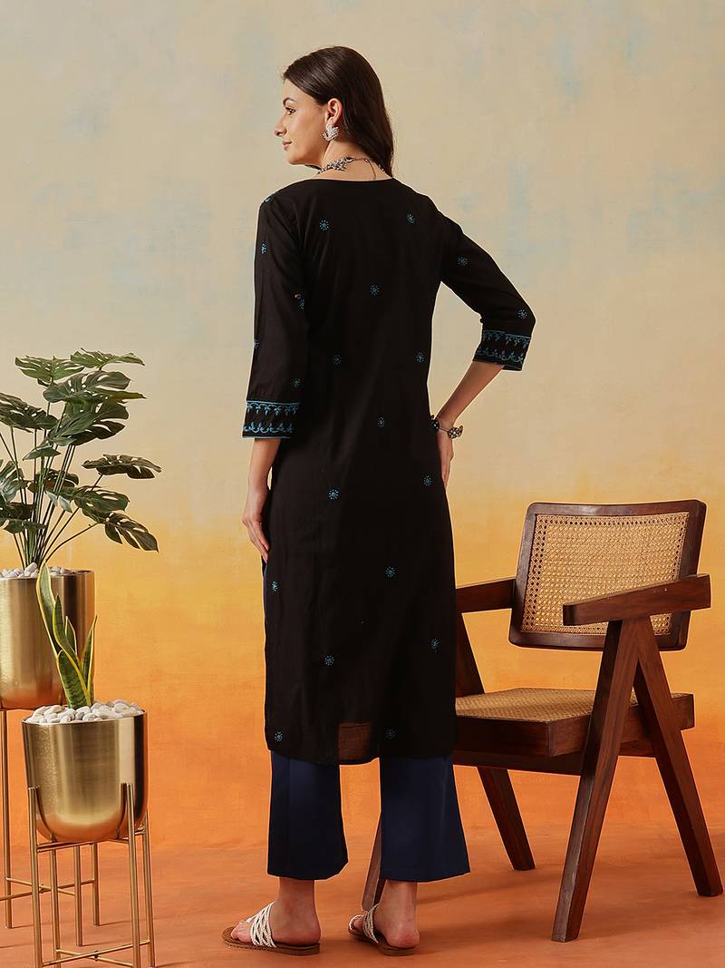 Hand Embroidered Black & Turquise Blue Cotton Lucknowi Chikankari Women Straight Kurta