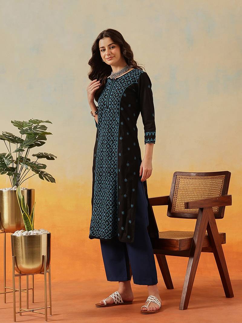 Hand Embroidered Black & Turquise Blue Cotton Lucknowi Chikankari Women Straight Kurta