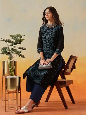 Hand Embroidered Black & Turquise Blue Cotton Lucknowi Chikankari Women Straight Kurta 4