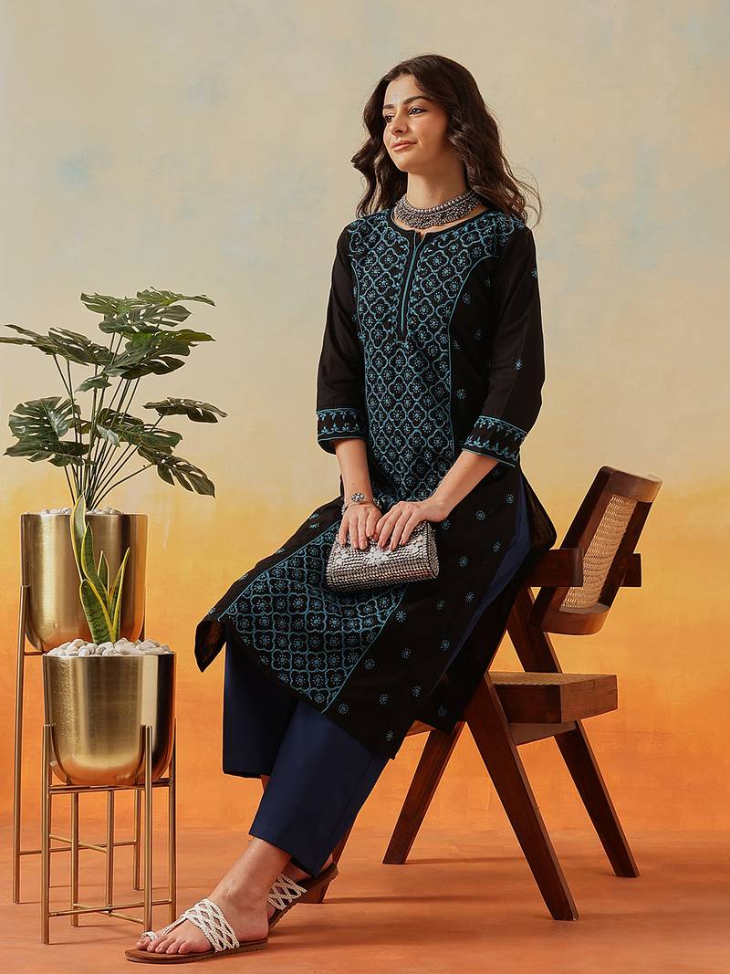 Hand Embroidered Black & Turquise Blue Cotton Lucknowi Chikankari Women Straight Kurta