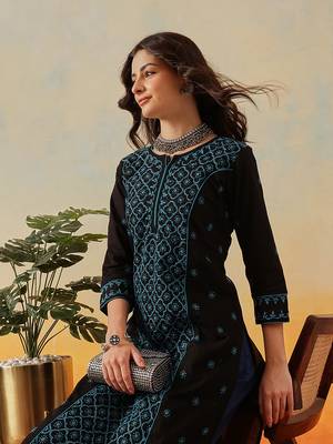 Hand Embroidered Black & Turquise Blue Cotton Lucknowi Chikankari Women Straight Kurta 5