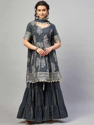 AADHRITI GREY BLOCK PRINTED FLARED KURTA-SHARARA & DUPATTA SET 1