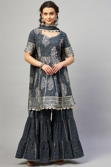 AADHRITI GREY BLOCK PRINTED FLARED KURTA-SHARARA & DUPATTA SET