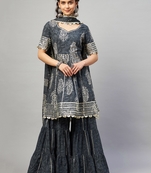 AADHRITI GREY BLOCK PRINTED FLARED KURTA-SHARARA & DUPATTA SET