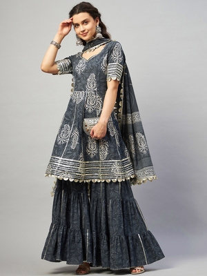 AADHRITI GREY BLOCK PRINTED FLARED KURTA-SHARARA & DUPATTA SET 2