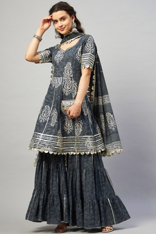 AADHRITI GREY BLOCK PRINTED FLARED KURTA-SHARARA & DUPATTA SET