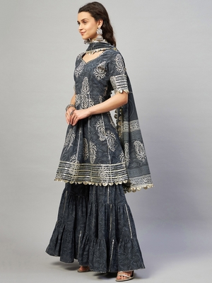 AADHRITI GREY BLOCK PRINTED FLARED KURTA-SHARARA & DUPATTA SET 3