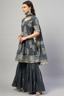 AADHRITI GREY BLOCK PRINTED FLARED KURTA-SHARARA & DUPATTA SET