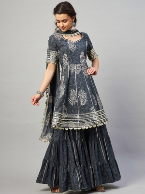 AADHRITI GREY BLOCK PRINTED FLARED KURTA-SHARARA & DUPATTA SET 4