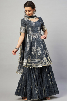 AADHRITI GREY BLOCK PRINTED FLARED KURTA-SHARARA & DUPATTA SET