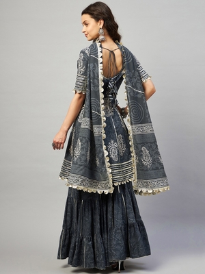 AADHRITI GREY BLOCK PRINTED FLARED KURTA-SHARARA & DUPATTA SET 5