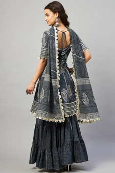 AADHRITI GREY BLOCK PRINTED FLARED KURTA-SHARARA & DUPATTA SET