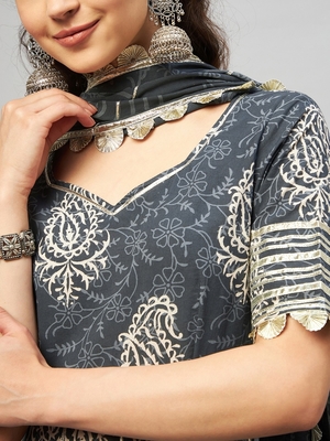 AADHRITI GREY BLOCK PRINTED FLARED KURTA-SHARARA & DUPATTA SET 6