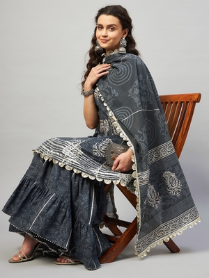 AADHRITI GREY BLOCK PRINTED FLARED KURTA-SHARARA & DUPATTA SET 9