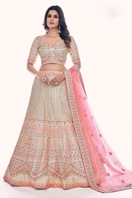 White embroidered net semi stitched lehenga 1