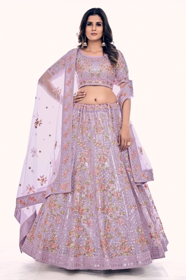 Lilac embroidered net semi stitched lehenga 1