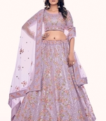 Lilac embroidered net semi stitched lehenga