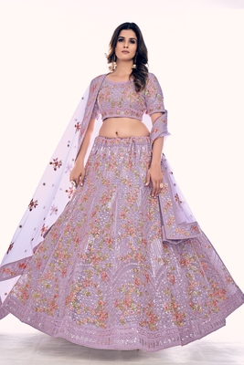 Lilac embroidered net semi stitched lehenga 2