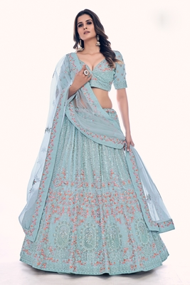 Turquoise embroidered net semi stitched lehenga 1
