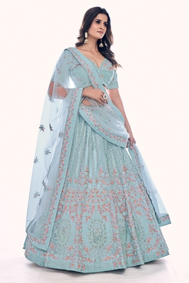 Turquoise embroidered net semi stitched lehenga 2
