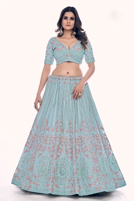 Turquoise embroidered net semi stitched lehenga 3
