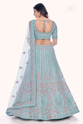 Turquoise embroidered net semi stitched lehenga 4