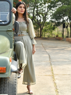 SAGE GREY CROP TOP WITH FLARED PANTS 1