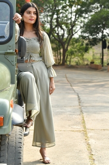 SAGE GREY CROP TOP WITH FLARED PANTS